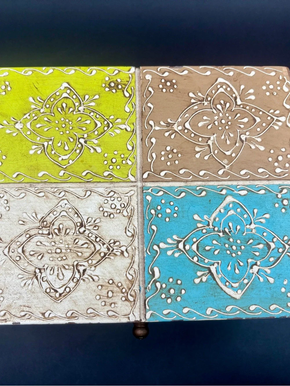 Vintage Indian Reclaimed Wood Spice Box Hatadi Hinged Storage Box Painted Tiles